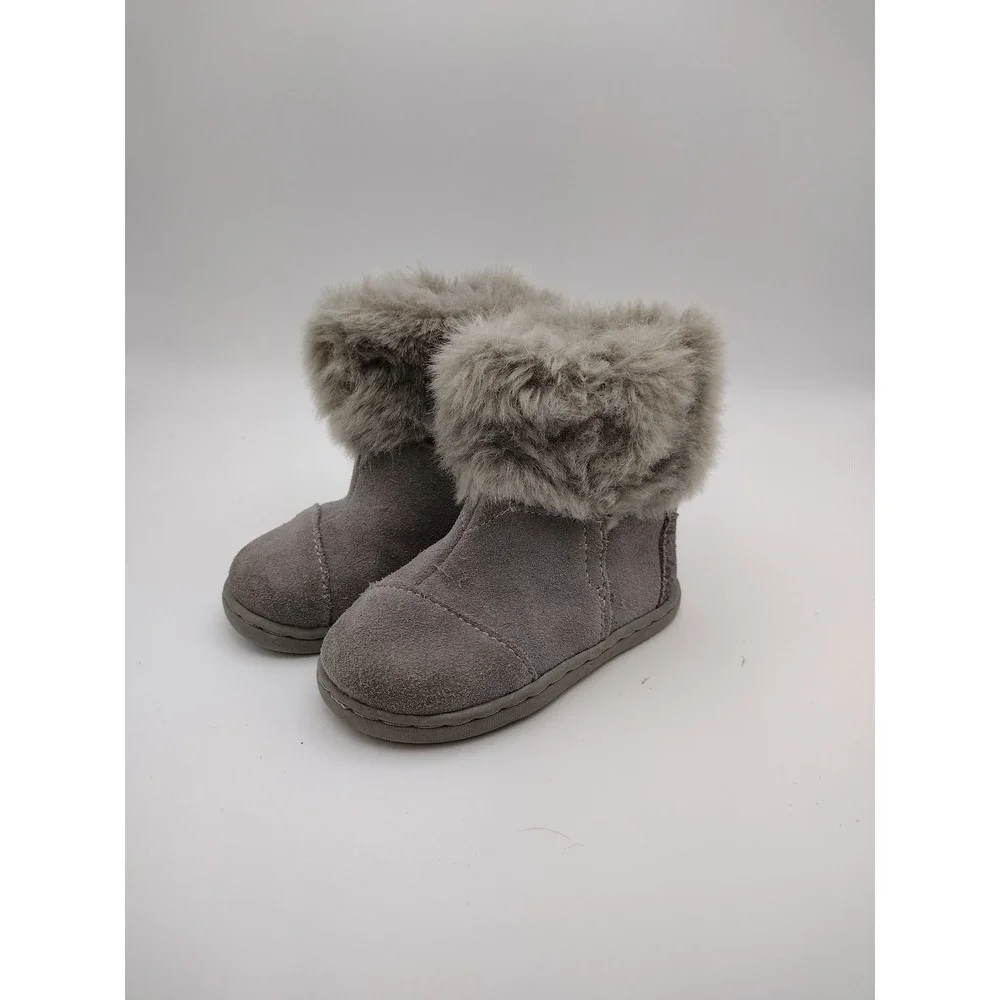 TOMS Kids Nepal Grey Suede Faux Fur Trim Winter Boots Size 5 Toddler